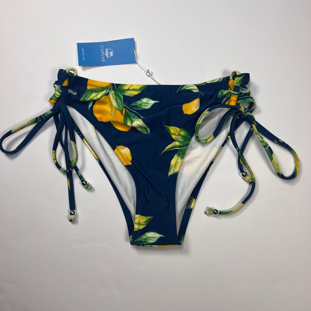 Cupshe Bikini Bottom Small Navy Blue‎ Lemon Print Side Tie NWT